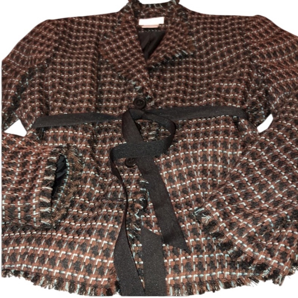 Worthington size 14 brown & black check jacket touch aqua grosgrain ribbon belt